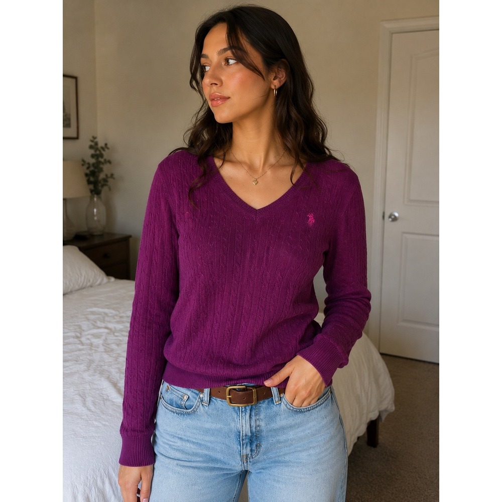 US Polo Assn Womens Magenta Purple Cable Knit V-Neck Cotton Sweater XL